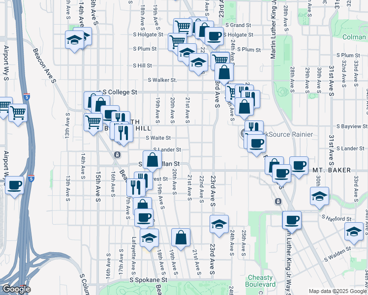 map of restaurants, bars, coffee shops, grocery stores, and more near 2605 21st Avenue South in Seattle