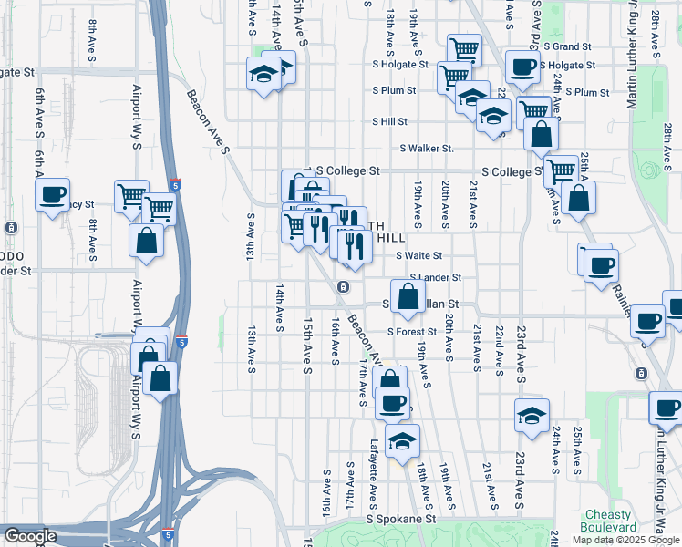 map of restaurants, bars, coffee shops, grocery stores, and more near in Seattle