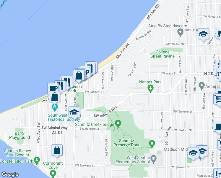 map of restaurants, bars, coffee shops, grocery stores, and more near 2483 55th Avenue Southwest in Seattle