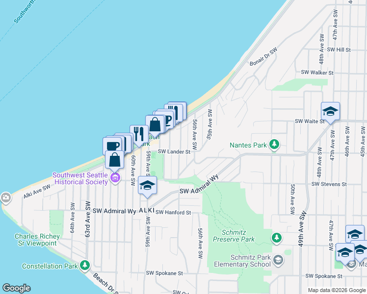 map of restaurants, bars, coffee shops, grocery stores, and more near 2555 56th Avenue Southwest in Seattle