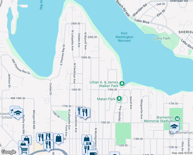 map of restaurants, bars, coffee shops, grocery stores, and more near 1947 Snyder Avenue in Bremerton
