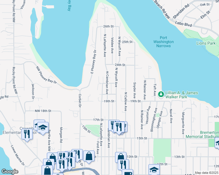 map of restaurants, bars, coffee shops, grocery stores, and more near 2817 21st Street in Bremerton