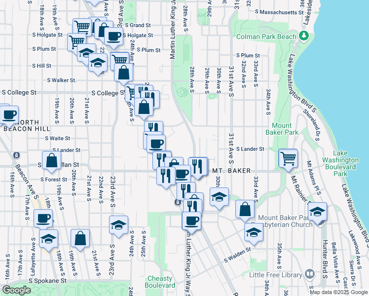 map of restaurants, bars, coffee shops, grocery stores, and more near 2646 Rainier Avenue South in Seattle