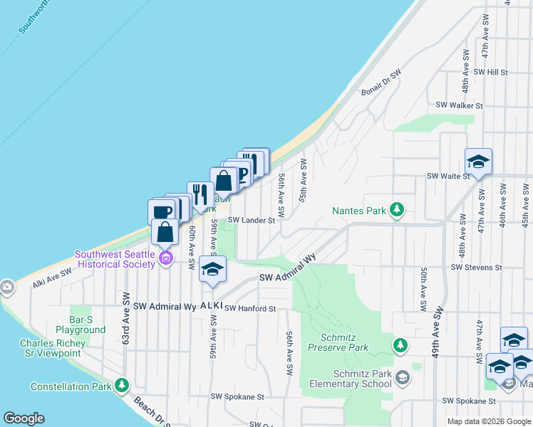 map of restaurants, bars, coffee shops, grocery stores, and more near 2555 56th Avenue Southwest in Seattle