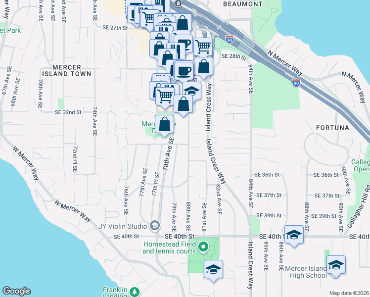 map of restaurants, bars, coffee shops, grocery stores, and more near 7915 Southeast 34th Street in Mercer Island