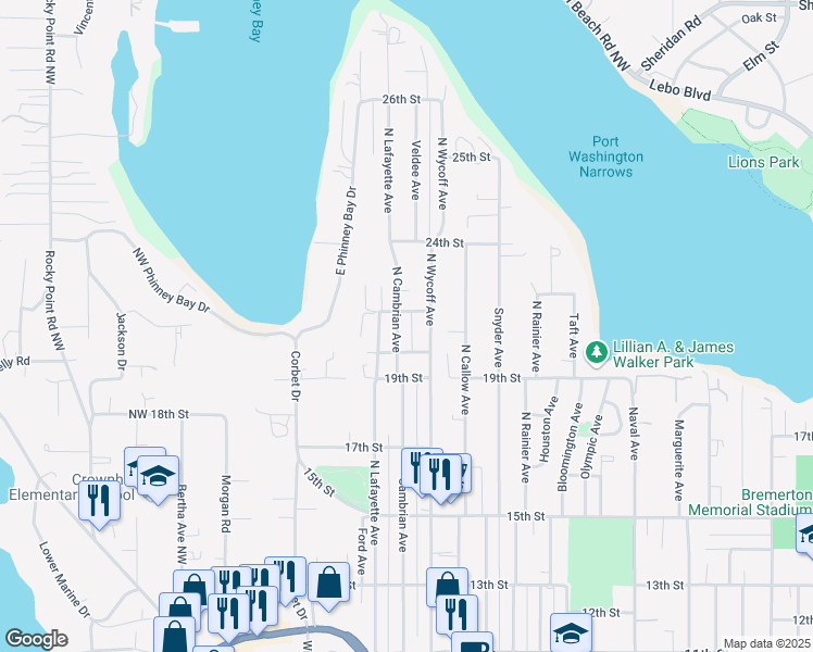 map of restaurants, bars, coffee shops, grocery stores, and more near 2817 21st Street in Bremerton