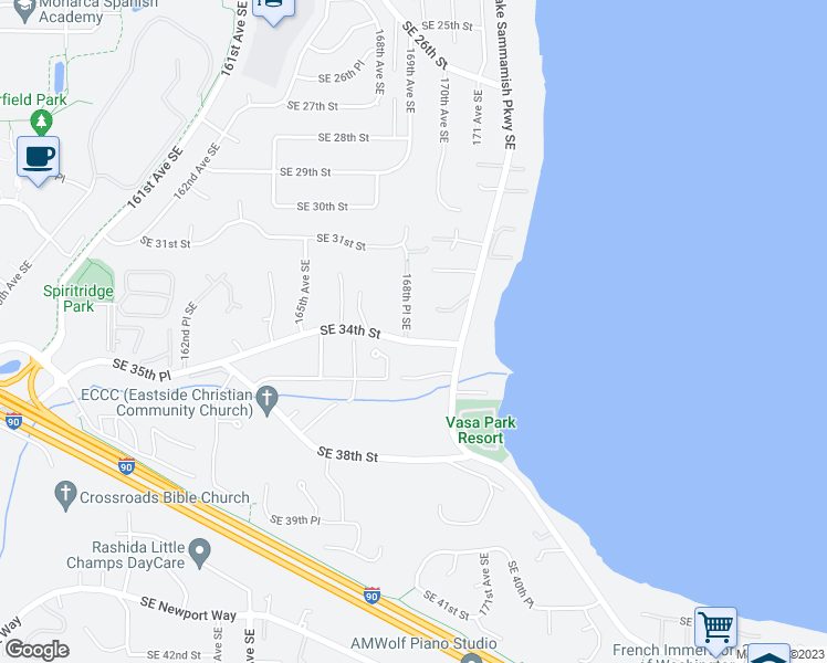 map of restaurants, bars, coffee shops, grocery stores, and more near 3328 168th Place Southeast in Bellevue