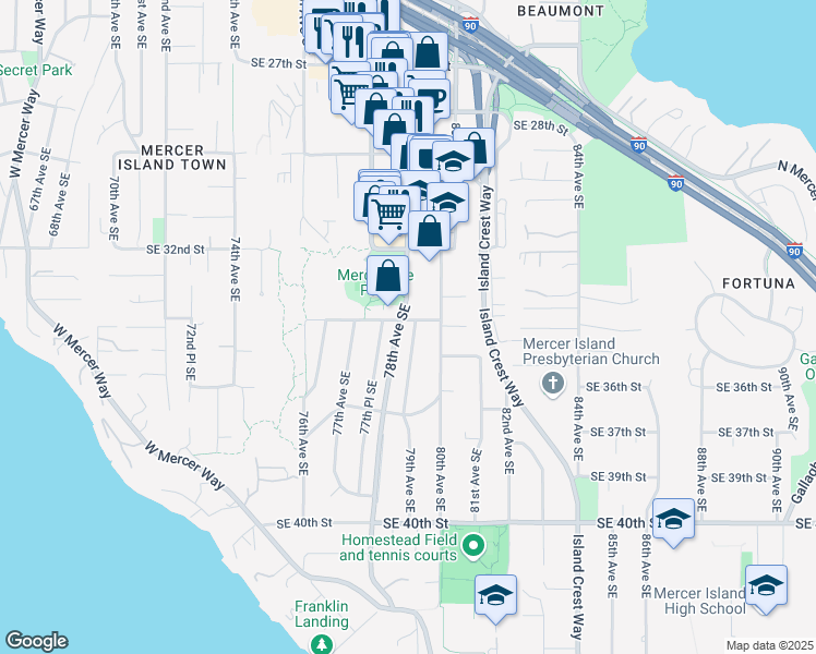 map of restaurants, bars, coffee shops, grocery stores, and more near 3401 79th Avenue Southeast in Mercer Island