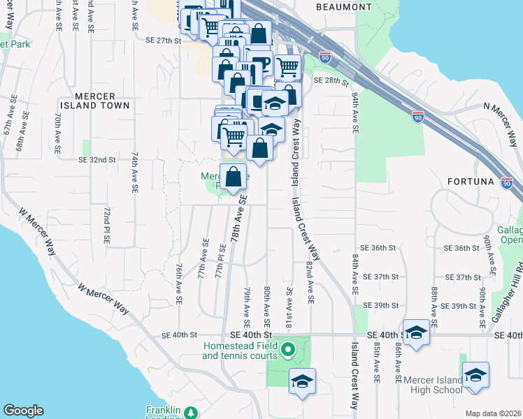 map of restaurants, bars, coffee shops, grocery stores, and more near 7915 Southeast 34th Street in Mercer Island