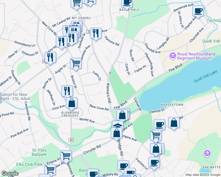 map of restaurants, bars, coffee shops, grocery stores, and more near 20 Kenna's Hill in St. John's