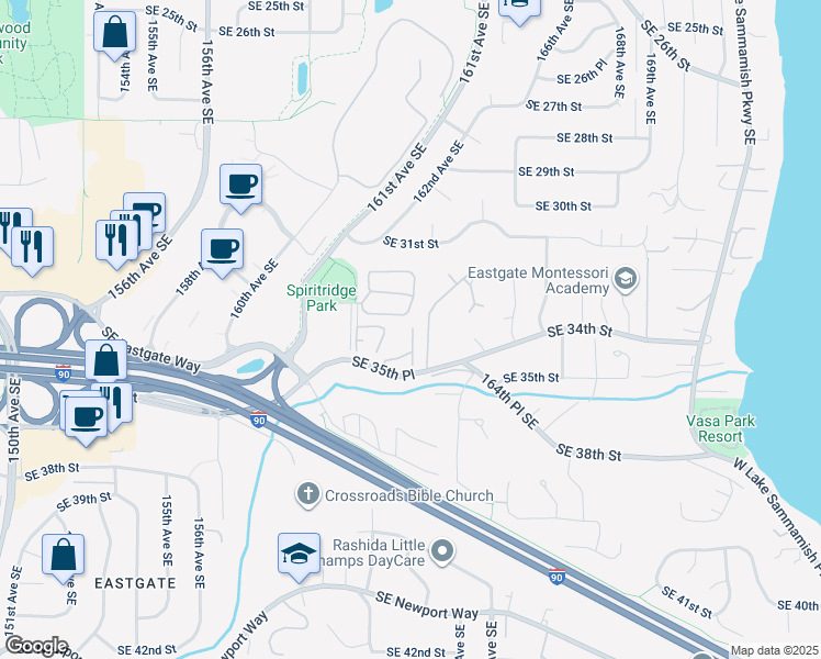 map of restaurants, bars, coffee shops, grocery stores, and more near 3389 162nd Place Southeast in Bellevue