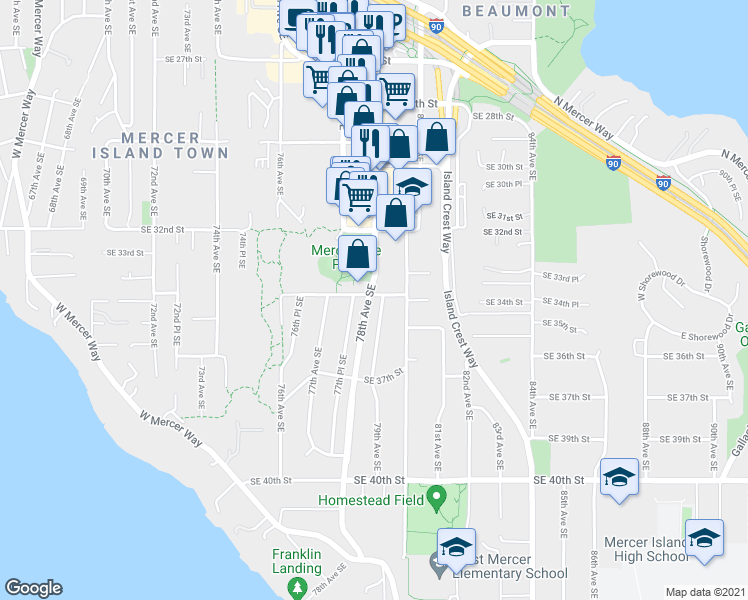 map of restaurants, bars, coffee shops, grocery stores, and more near 3401 79th Avenue Southeast in Mercer Island