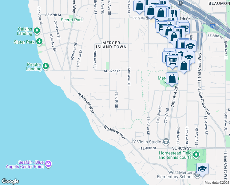 map of restaurants, bars, coffee shops, grocery stores, and more near 3253 72nd Place Southeast in Mercer Island