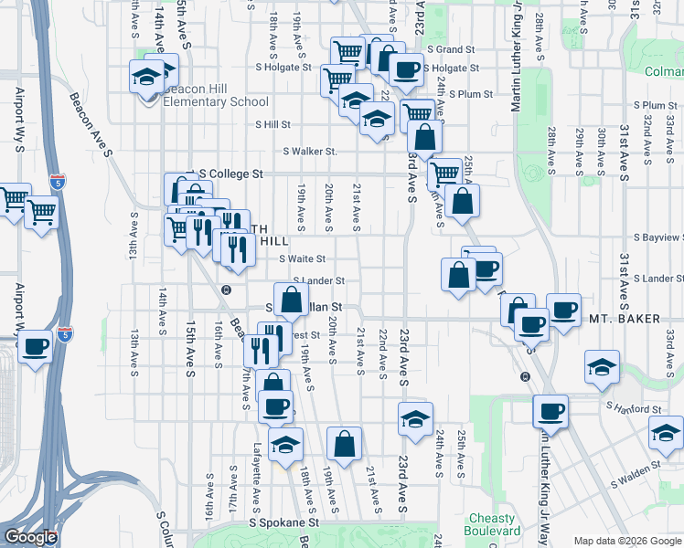 map of restaurants, bars, coffee shops, grocery stores, and more near 1939 South Waite Street in Seattle