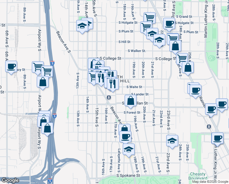 map of restaurants, bars, coffee shops, grocery stores, and more near in Seattle