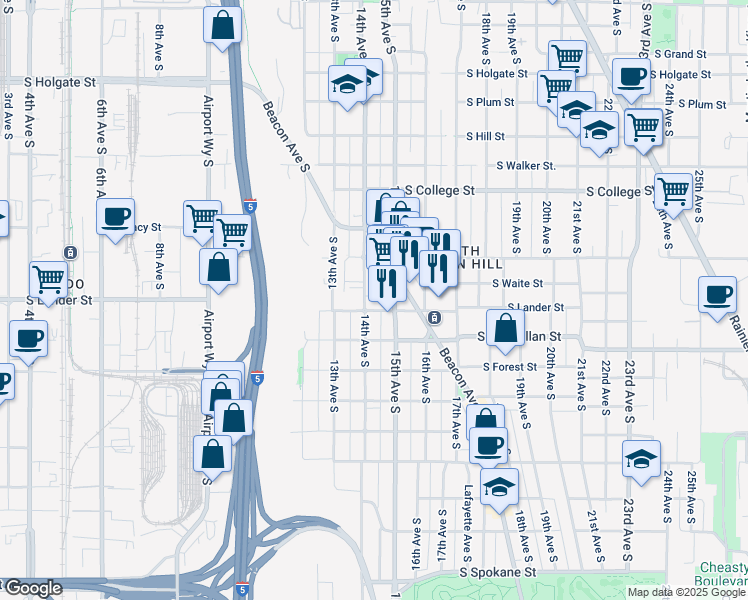map of restaurants, bars, coffee shops, grocery stores, and more near 2530 14th Avenue South in Seattle