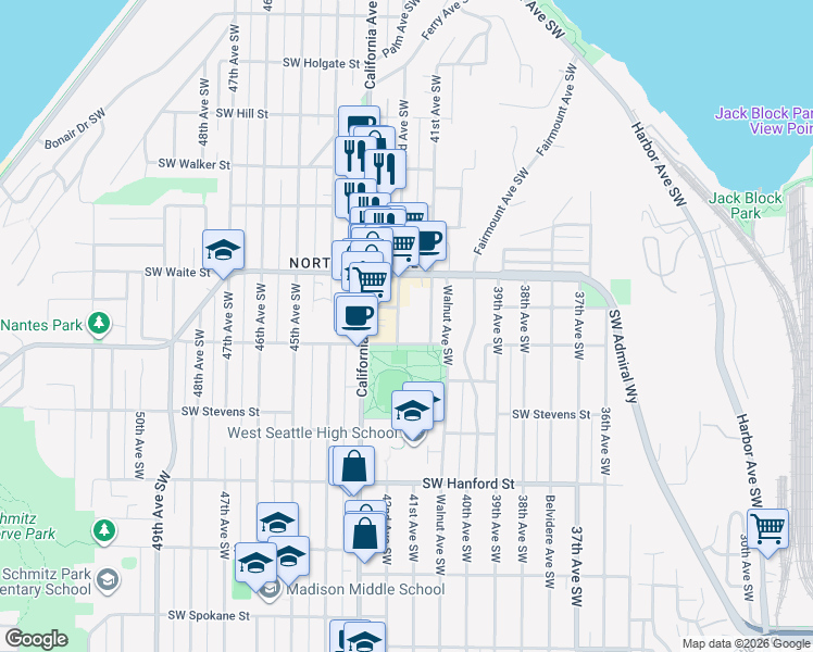 map of restaurants, bars, coffee shops, grocery stores, and more near 2646 42nd Avenue Southwest in Seattle
