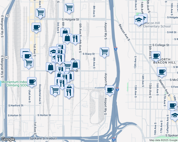 map of restaurants, bars, coffee shops, grocery stores, and more near 724 South Lander Street in Seattle