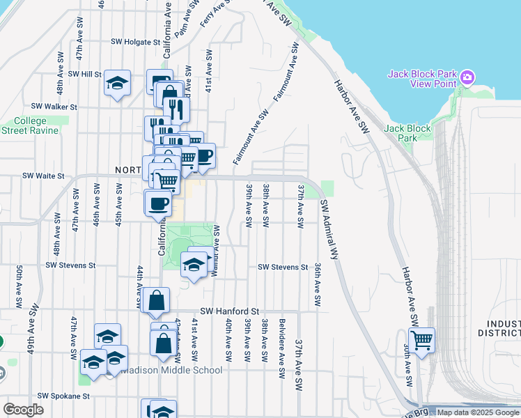 map of restaurants, bars, coffee shops, grocery stores, and more near 2657 38th Avenue Southwest in Seattle