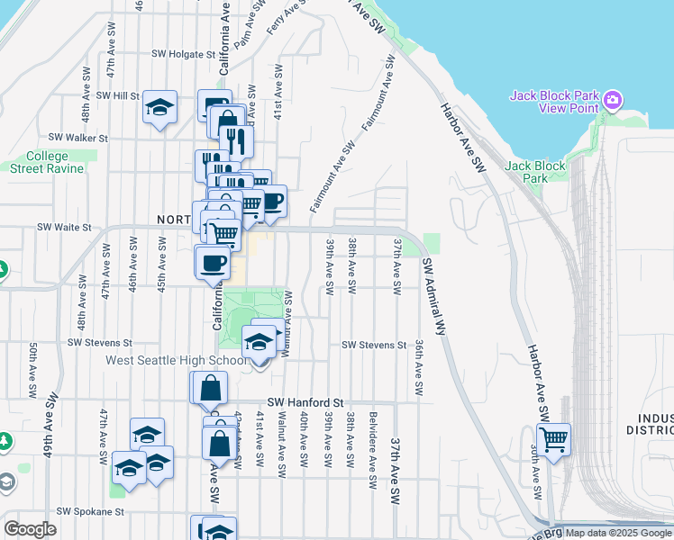 map of restaurants, bars, coffee shops, grocery stores, and more near 2657 38th Avenue Southwest in Seattle
