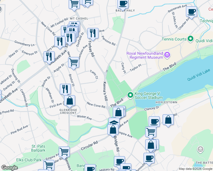 map of restaurants, bars, coffee shops, grocery stores, and more near 22 Kenna's Hill in St. John's