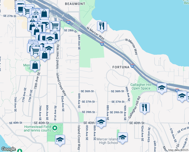 map of restaurants, bars, coffee shops, grocery stores, and more near 8429 Southeast 33rd Place in Mercer Island