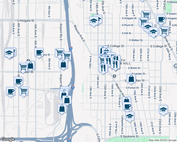 map of restaurants, bars, coffee shops, grocery stores, and more near 2531 13th Avenue South in Seattle