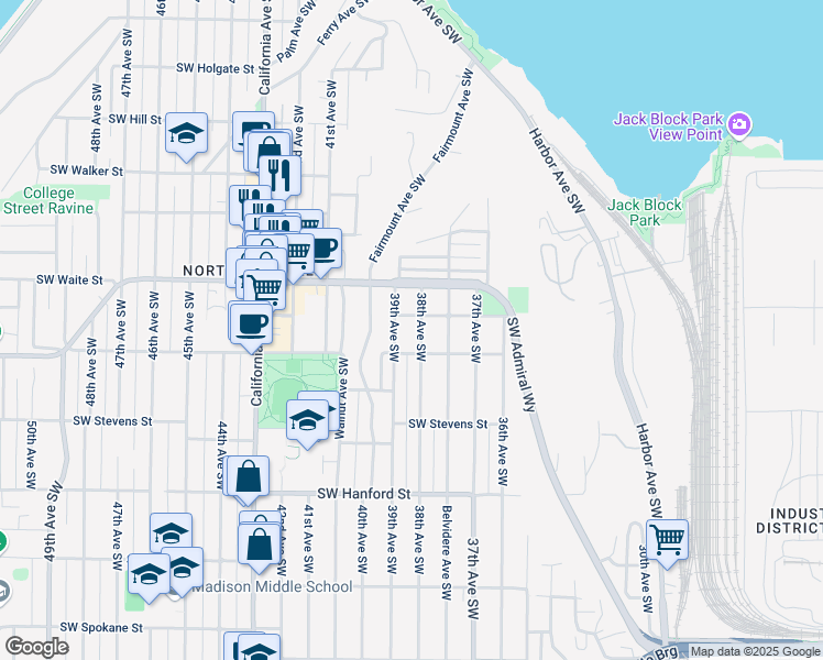 map of restaurants, bars, coffee shops, grocery stores, and more near 2657 38th Avenue Southwest in Seattle