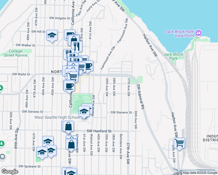 map of restaurants, bars, coffee shops, grocery stores, and more near 2657 38th Avenue Southwest in Seattle