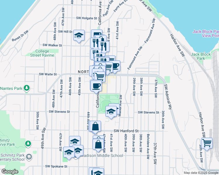 map of restaurants, bars, coffee shops, grocery stores, and more near 2638 42nd Avenue Southwest in Seattle