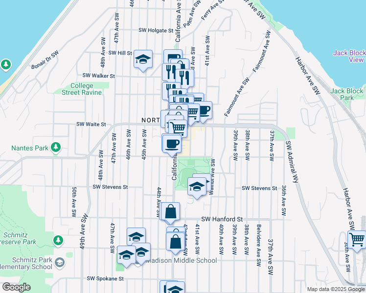 map of restaurants, bars, coffee shops, grocery stores, and more near 2622 California Avenue Southwest in Seattle