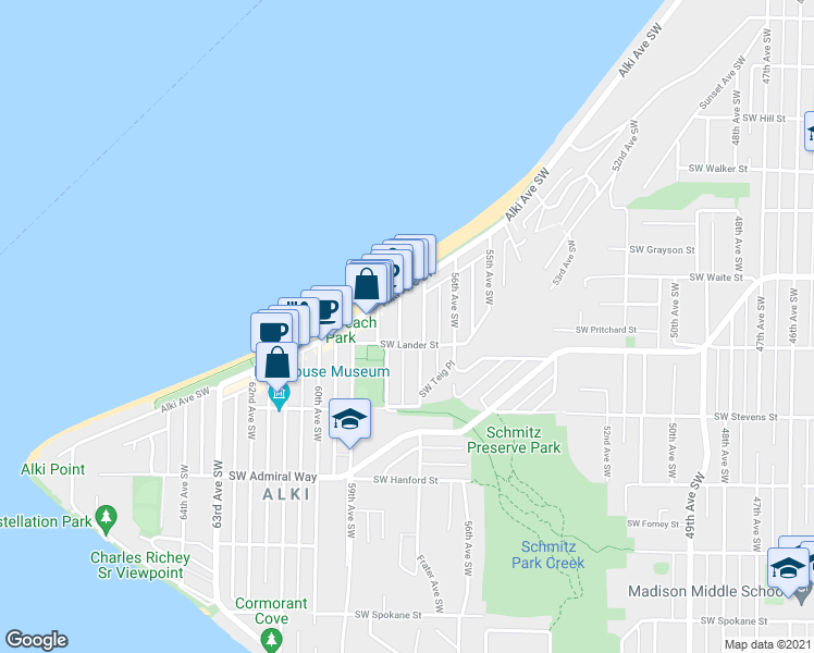 map of restaurants, bars, coffee shops, grocery stores, and more near 2626 58th Avenue Southwest in Seattle