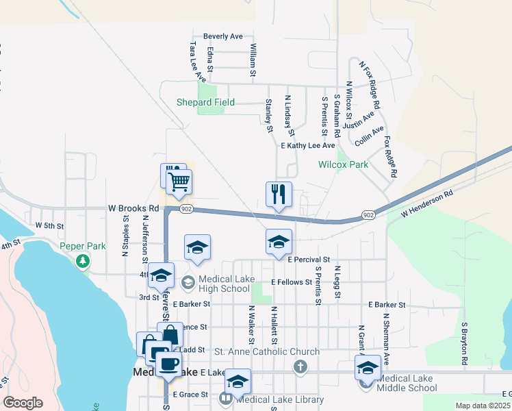 map of restaurants, bars, coffee shops, grocery stores, and more near 731 North Stanley Street in Medical Lake