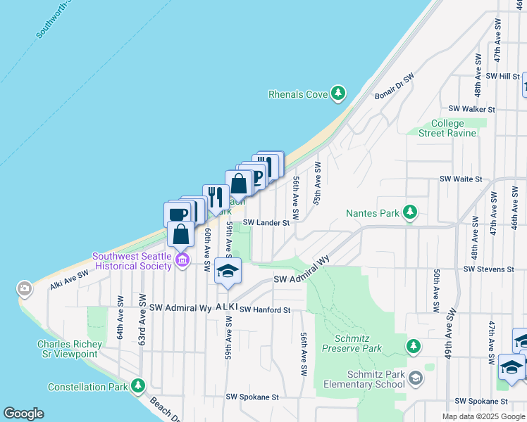 map of restaurants, bars, coffee shops, grocery stores, and more near 2626 58th Avenue Southwest in Seattle