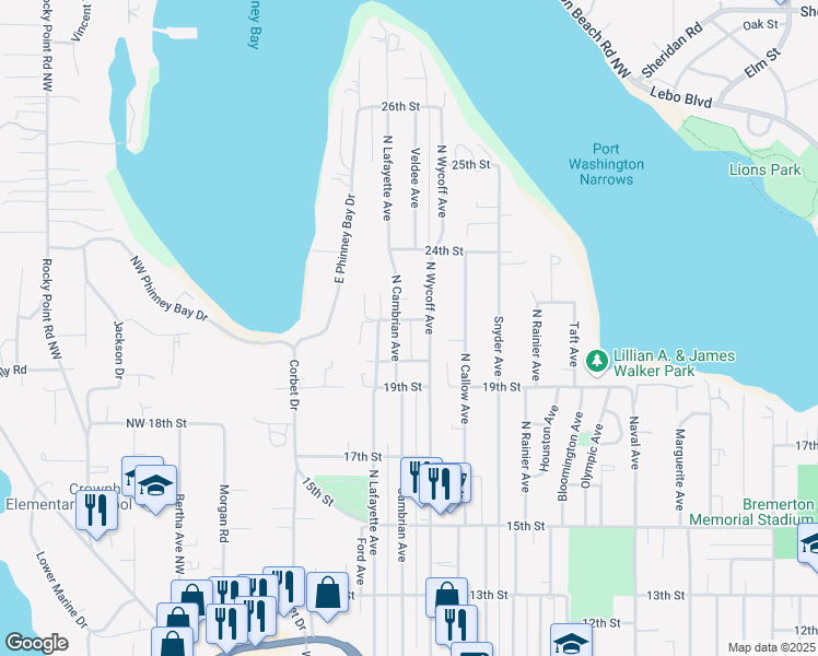map of restaurants, bars, coffee shops, grocery stores, and more near 2817 21st Street in Bremerton
