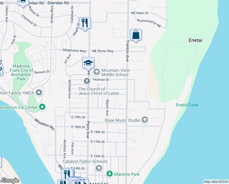 map of restaurants, bars, coffee shops, grocery stores, and more near 2516 East 22nd Street in Bremerton