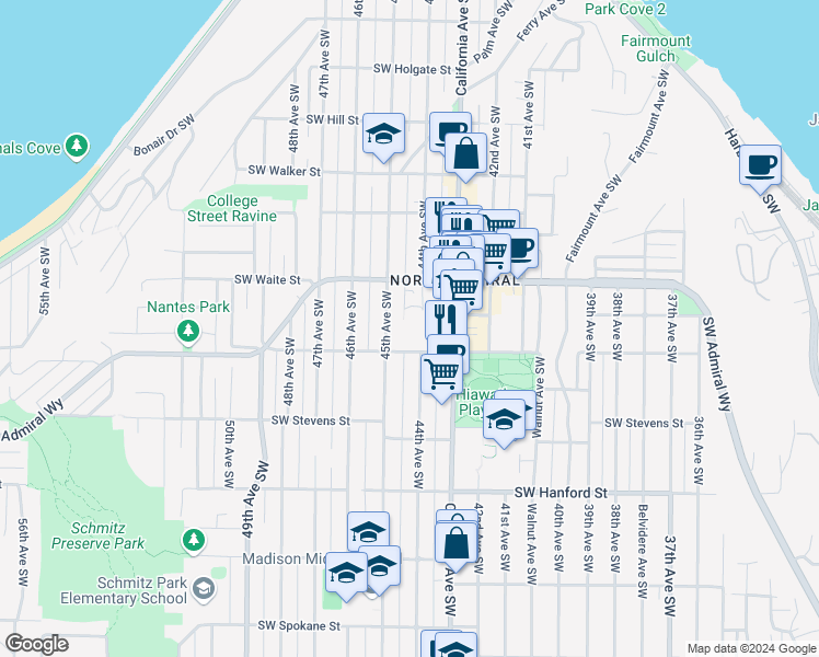map of restaurants, bars, coffee shops, grocery stores, and more near 4408 Southwest Lander Street in Seattle