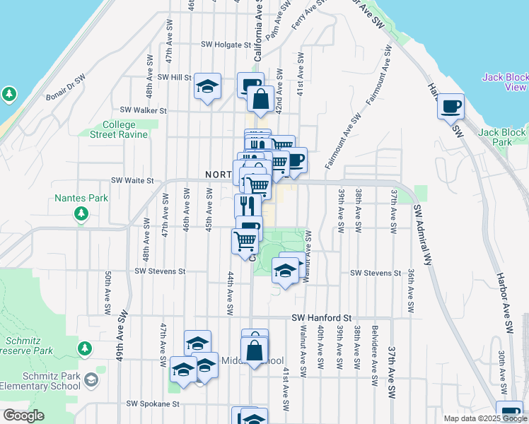 map of restaurants, bars, coffee shops, grocery stores, and more near 2622 California Avenue Southwest in Seattle