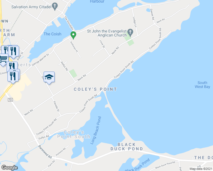 map of restaurants, bars, coffee shops, grocery stores, and more near Coleys Point South Road in Bay Roberts