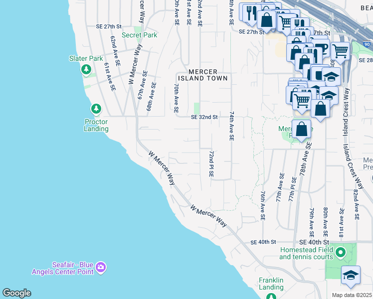 map of restaurants, bars, coffee shops, grocery stores, and more near 6940 Southeast Allen Street in Mercer Island