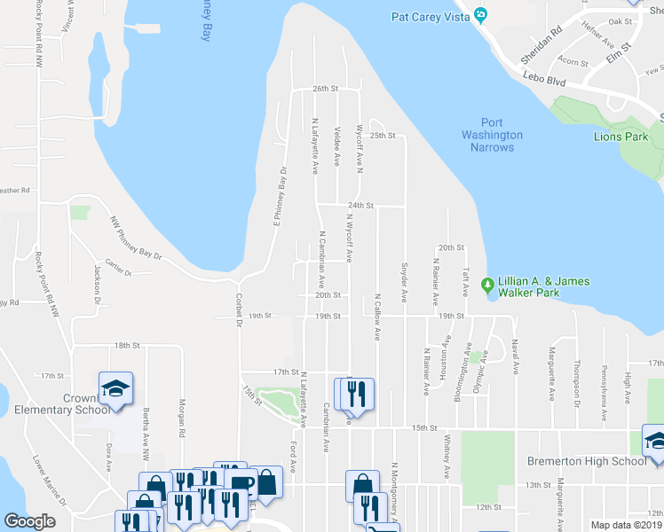 map of restaurants, bars, coffee shops, grocery stores, and more near 2817 21st Street in Bremerton