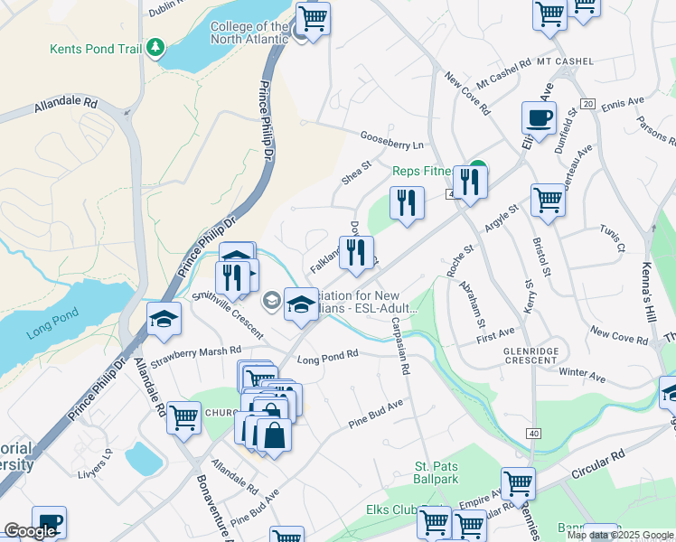 map of restaurants, bars, coffee shops, grocery stores, and more near 14 Darling Street in Saint John's