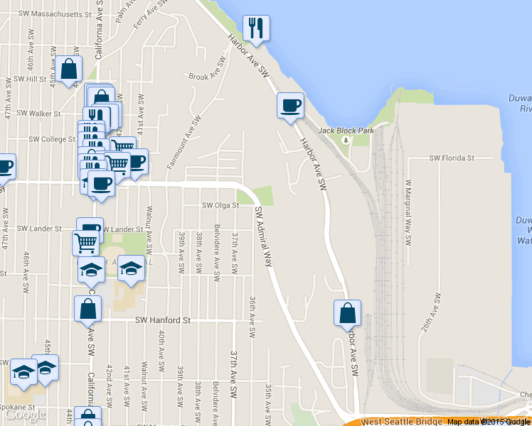 map of restaurants, bars, coffee shops, grocery stores, and more near 3570 Southwest Admiral Way in Seattle