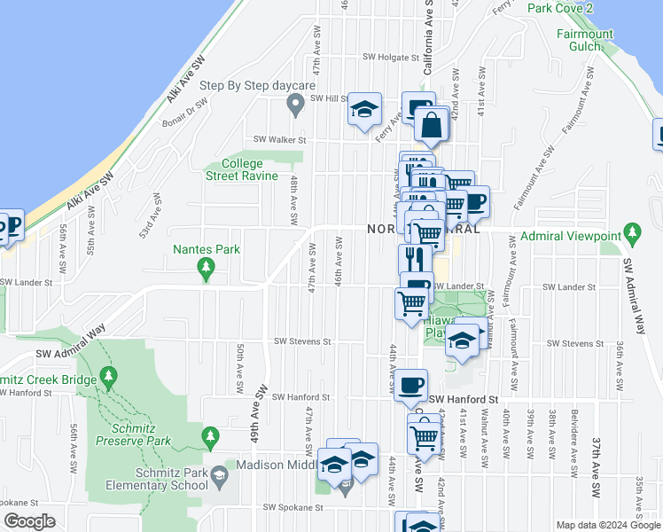 map of restaurants, bars, coffee shops, grocery stores, and more near 2641 46th Avenue Southwest in Seattle