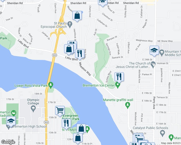 map of restaurants, bars, coffee shops, grocery stores, and more near 2090 Wheaton Way in Bremerton