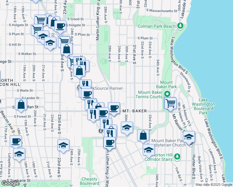 map of restaurants, bars, coffee shops, grocery stores, and more near 2530 29th Avenue South in Seattle