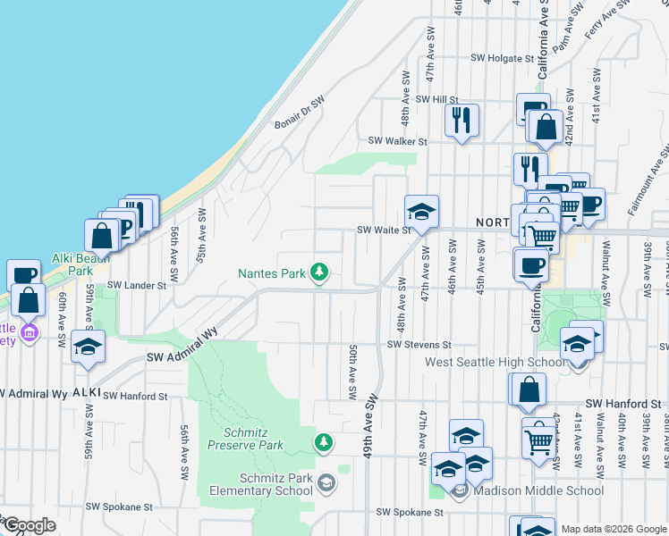 map of restaurants, bars, coffee shops, grocery stores, and more near 2666 51st Avenue Southwest in Seattle