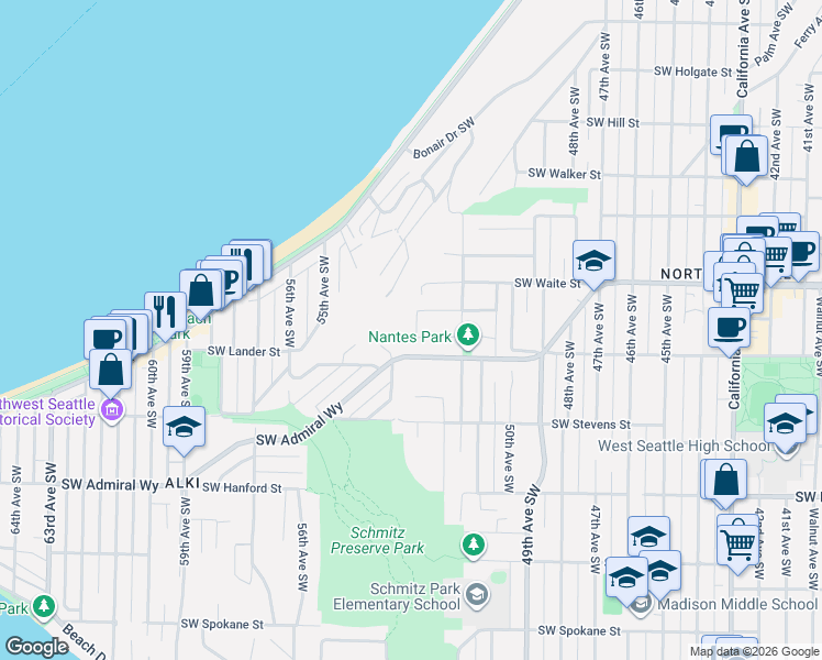 map of restaurants, bars, coffee shops, grocery stores, and more near 5220 Southwest Pritchard Street in Seattle
