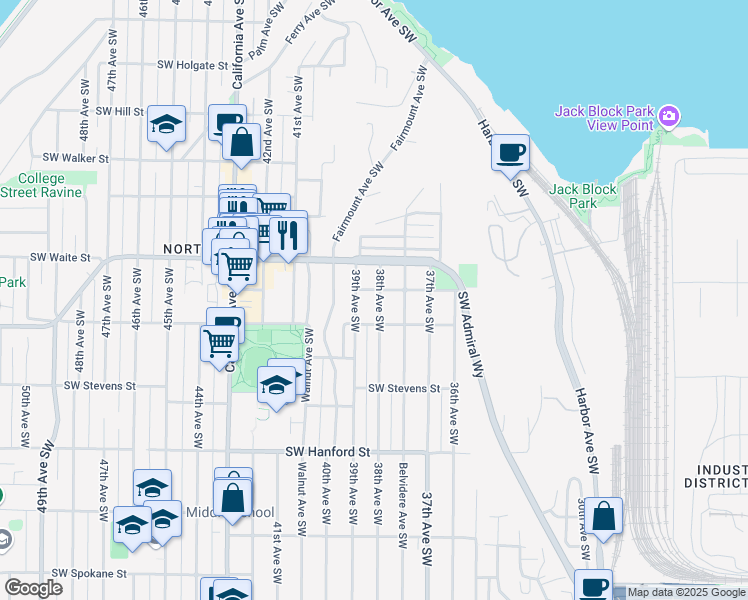 map of restaurants, bars, coffee shops, grocery stores, and more near 2657 38th Avenue Southwest in Seattle