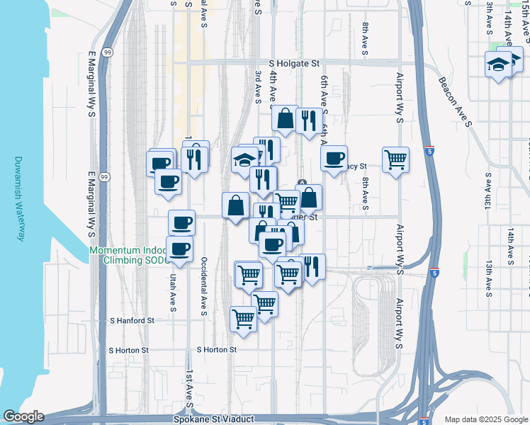 map of restaurants, bars, coffee shops, grocery stores, and more near 2461 4th Avenue South in Seattle